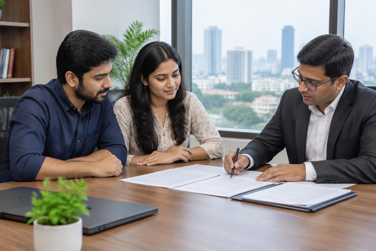 Indian homebuyers reviewing property documentation